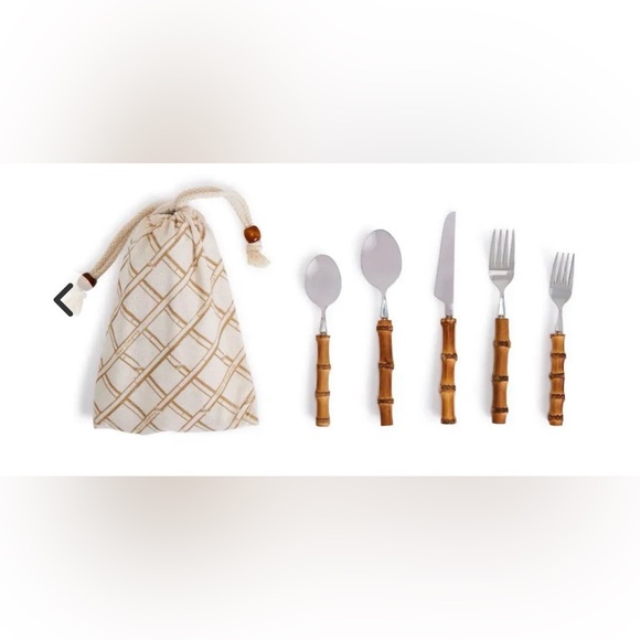 Two’s Company Natural Bamboo 20 piece flatware service set for 4. 18/8 stainless